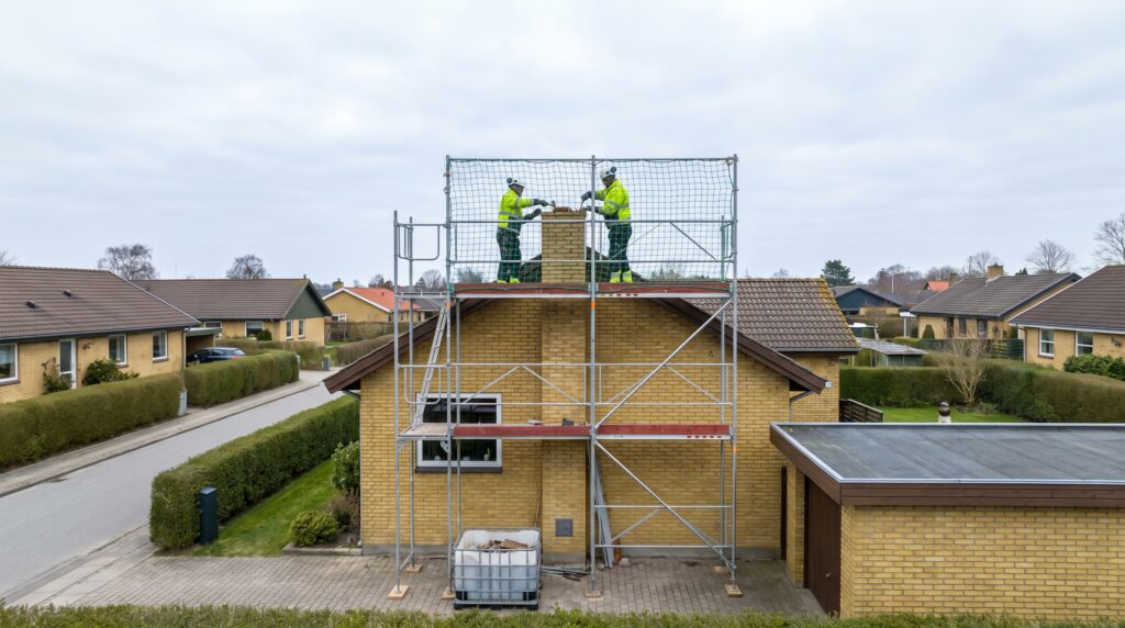 Nedrivning af skorsten på dansk villa med arbejde ved tag