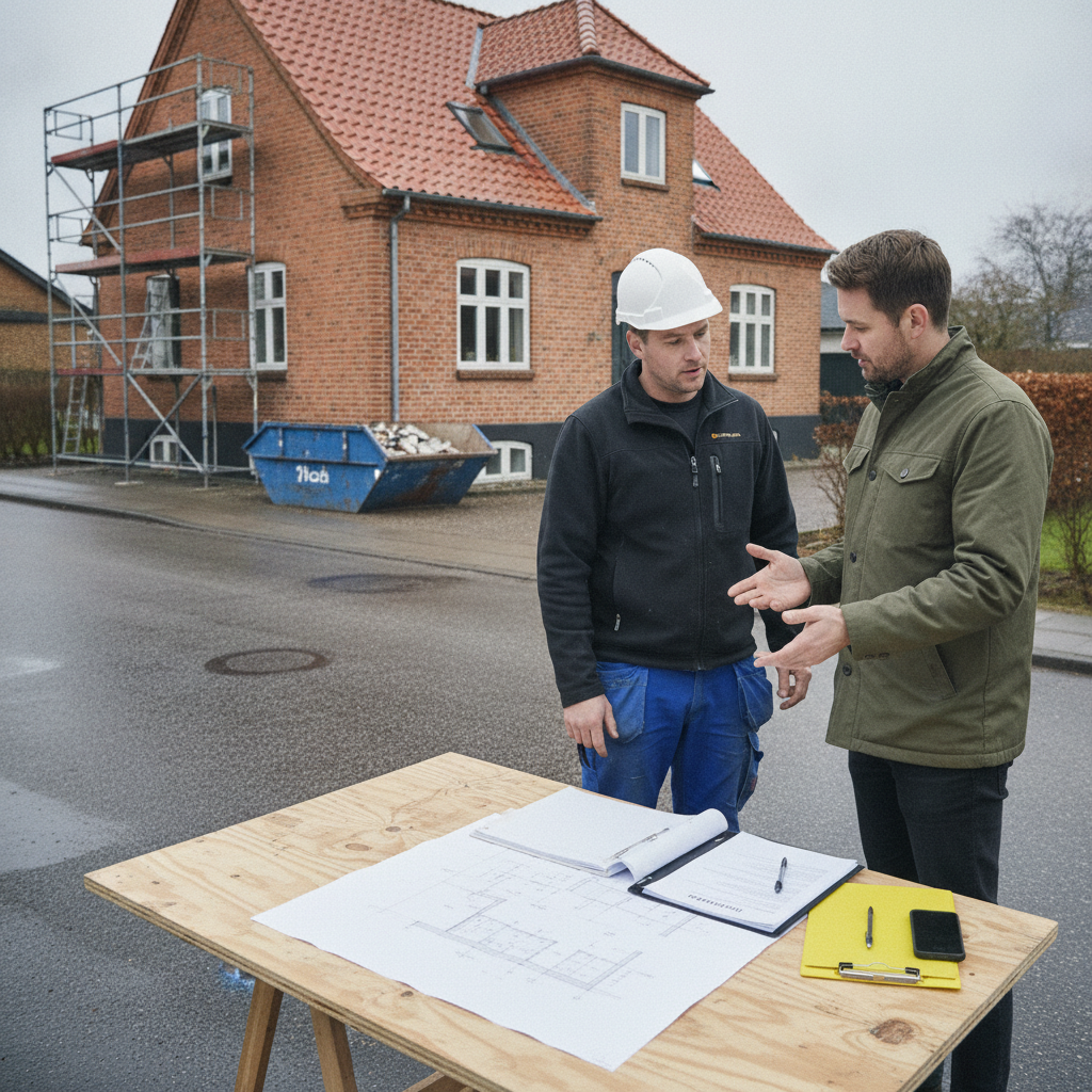 entreprenør, byggemøde, kontrakt, ab 18, byggeprojekt, byggestyring, ansvar og roller, ændringer, ekstraarbejde, forsinkelse, aflevering, dokumentation, udendørs, villa, parcelhus, mursten, tegltag, stillads, byggeplads, renovering, nedrivning, dansk forstad, hus, bolig, håndværker