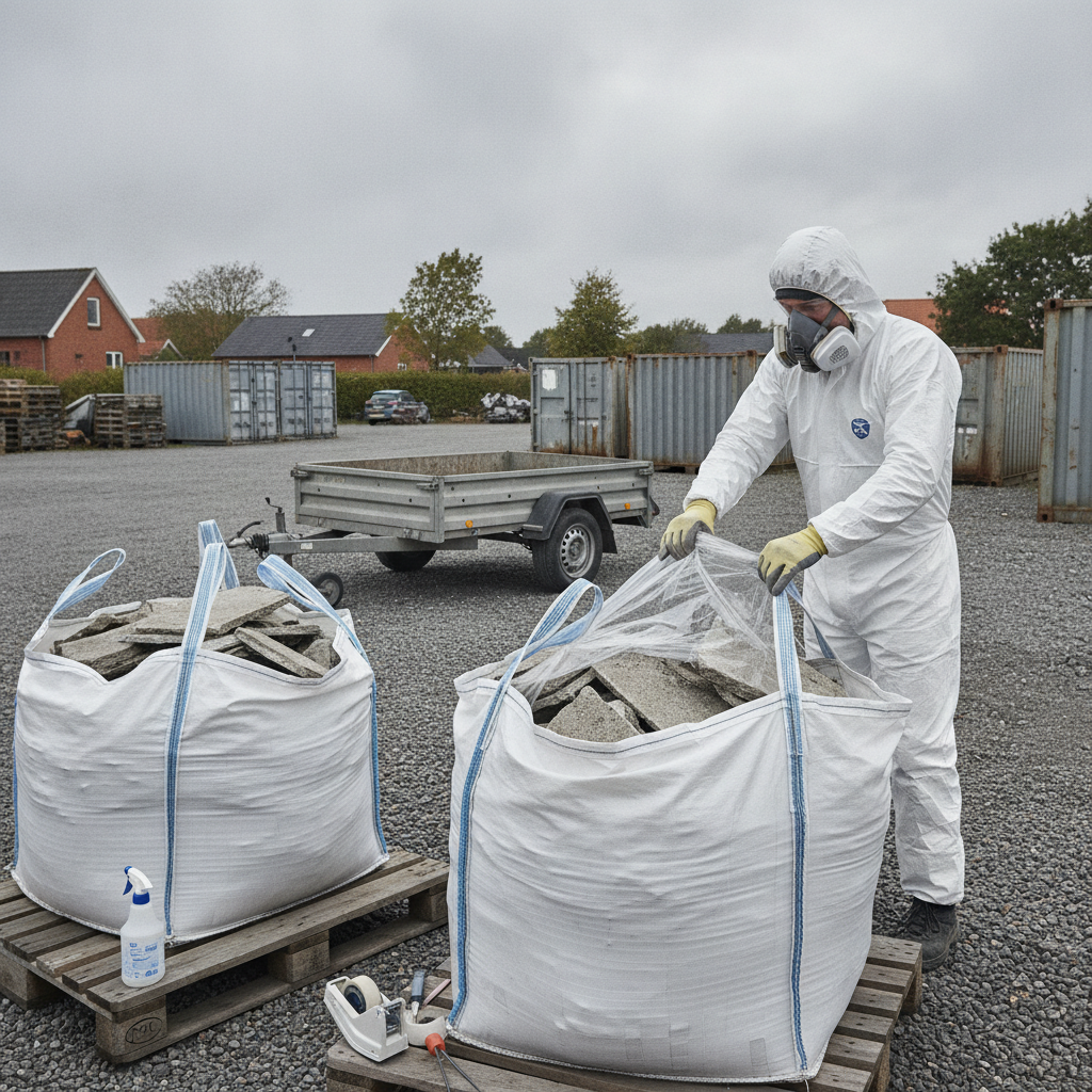 nedrivning, asbestaffald, asbest, emballering, bigbag, plastfolie, forsegling, ppe, åndedrætsværn, sikkerhed, farligt affald, genbrugsplads, deponi, transport, trailer, udendørs, byggeaffald, eternit, fibercement, renovering, dansk kontekst, hus, bolig, håndværker