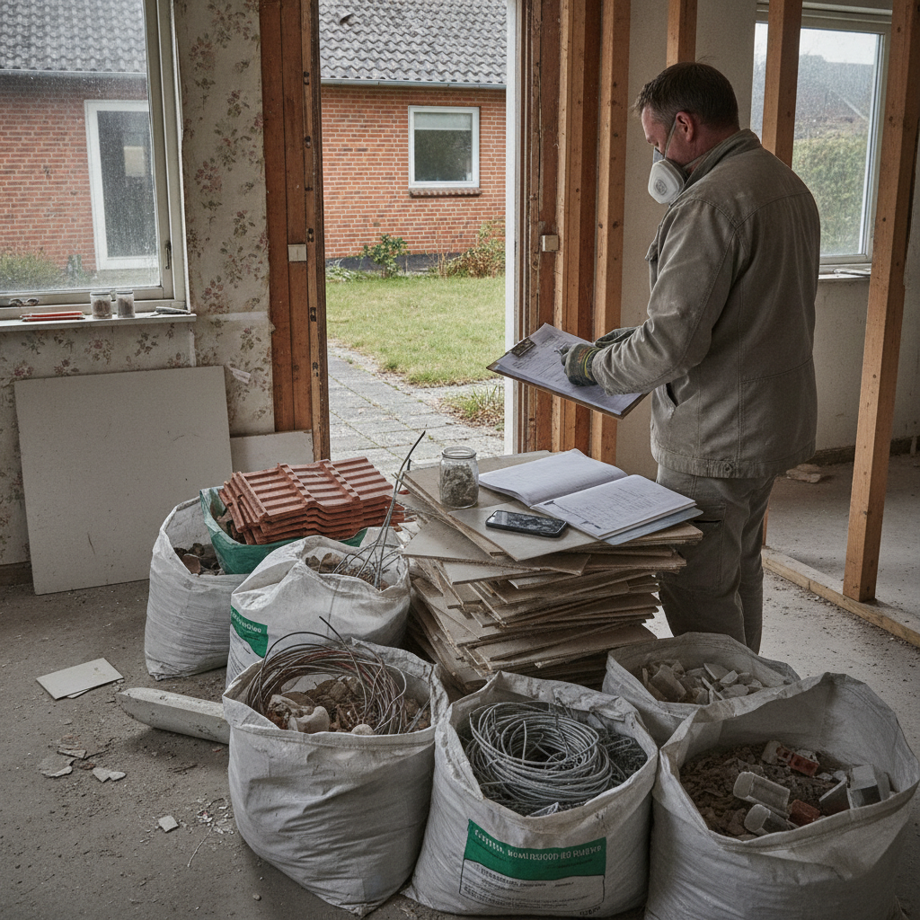 nedrivning, affaldsanmeldelse, byggeaffald, affaldssortering, dokumentation, miljøscreening, miljøkortlægning, asbest, pcb, farligt affald, containere, renovering, indendørs, parcelhus, mursten, gips, træ, isolering, selektiv nedrivning, byggeplads, professionel, frister, hus, bolig, håndværker