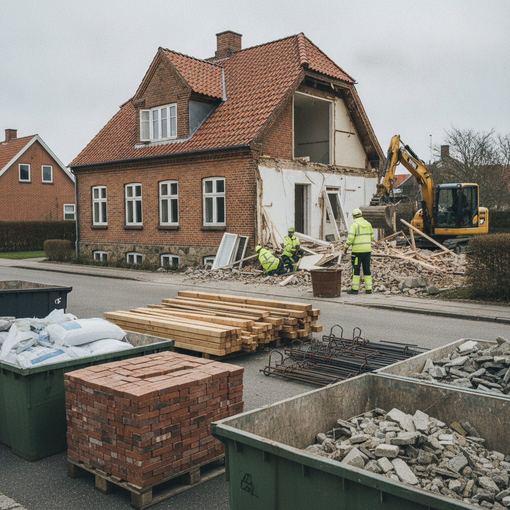 nedrivningsfirma, nedrivning, selektiv nedrivning, affaldshierarki, affaldssortering, byggeaffald, genbrug af byggematerialer, genanvendelse, miljøsanering, asbest, pcb, dokumentation, containere, udendørs, villa, parcelhus, mursten, tegl, beton, træ, metal, byggeplads, renovering, pris, tilbud, hus, bolig, håndværker