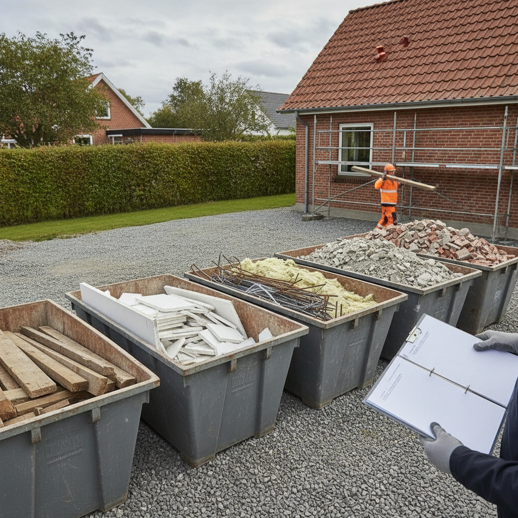 nedrivningsfirma, byggeaffald, affaldstilsyn, dokumentation, sortering, kildesortering, selektiv nedrivning, udendørs, byggeplads, parcelhus, mursten, tagsten, containere, gips, træaffald, metal, isolering, renovering, myndighedskontrol, miljøkrav, sporbarhed, hus, bolig, håndværker