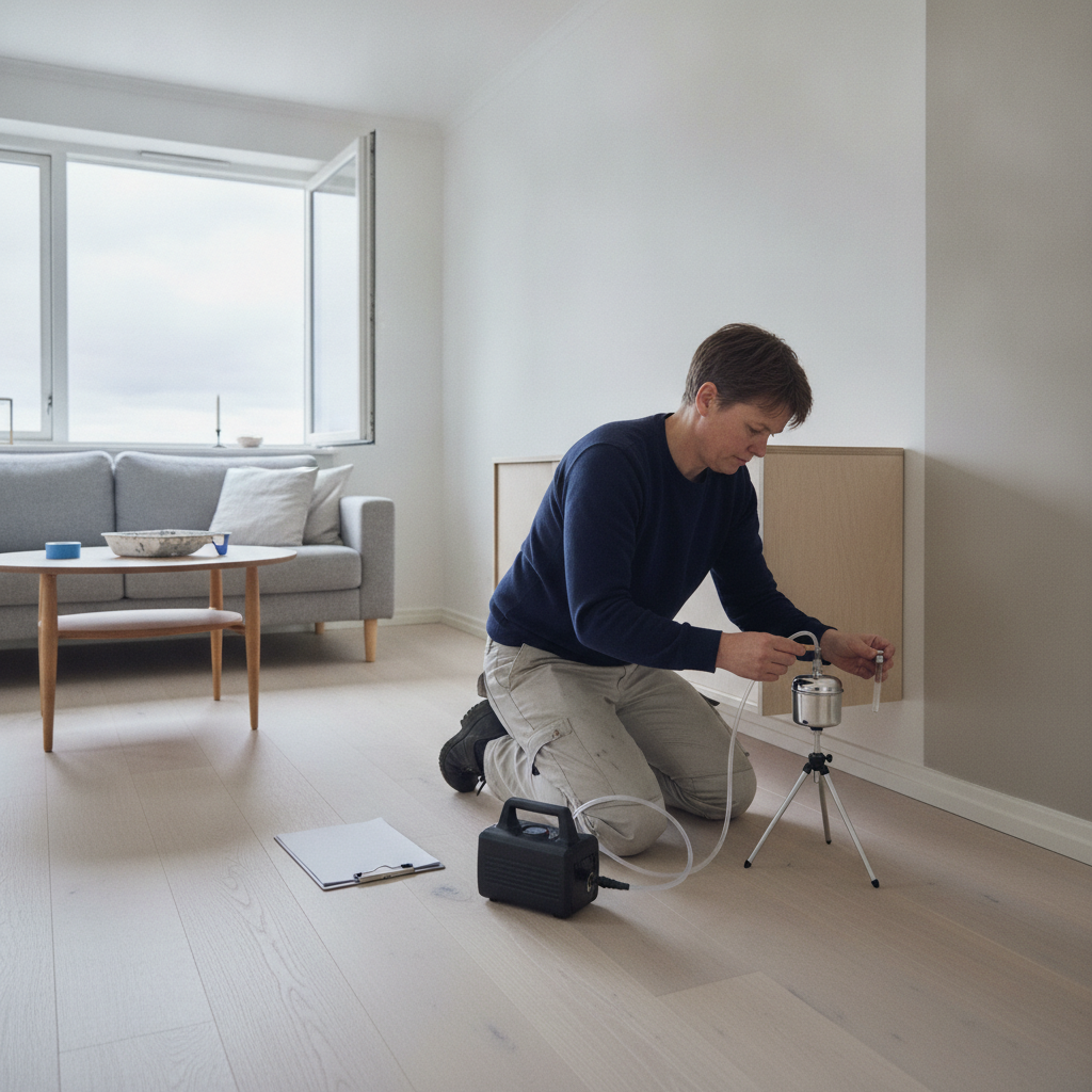 indeklima, afgasning, emissioner, voc, tvoc, formaldehyd, luftmåling, rumluftmåling, måleudstyr, prøvetagning, dokumentation, rådgiver, indendørs, stue, renovering, ny maling, mdf, spånplader, ventilation, parcelhus, dansk hjem, kemisk lugt, pris, tilbud, hus, bolig, håndværker