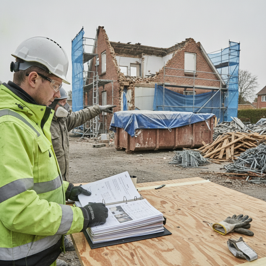nedrivningsfirma, sanering, afleveringsprotokol, dokumentation, aflevering, kvalitetssikring, affaldsdokumentation, modtagekvittering, sporbarhed, miljørapport, byggeplads, udendørs, villa, parcelhus, mursten, stillads, container, ppe, arbejdsmiljø, renovering, professionel, hus, bolig, håndværker