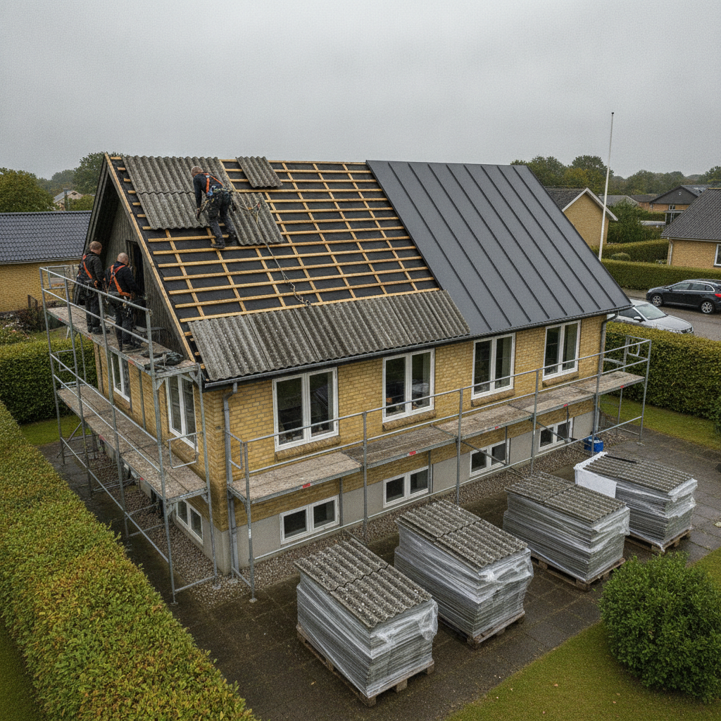 tagdækker, nyt tag, tagudskiftning, asbesttag, eternittag, fibercement, ståltag, tagpap, tegl, skifer, udendørs, parcelhus, mursten, stillads, sikkerhed, renovering, byggeplads, bortskaffelse, tagkonstruktion, undertag, pris, tilbud, hus, bolig, håndværker