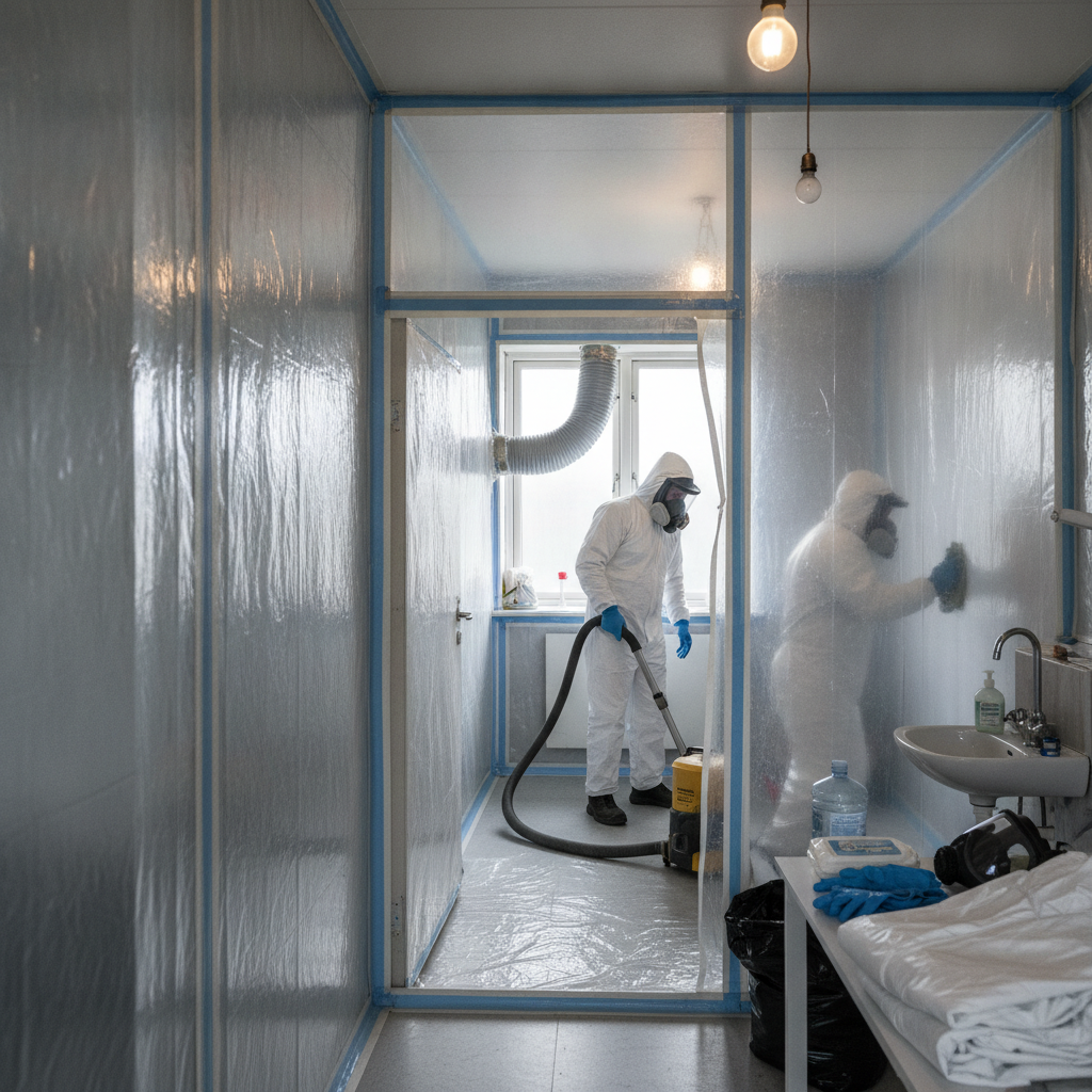 nedriver, asbest, asbestsanering, arbejdshygiejne, sluse, 3-kammersluse, dekontaminering, undertryk, ventilation, hepa-filter, værnemidler, åndedrætsværn, engangsdragt, rengøring, h-klasse støvsuger, afskærmning, plastafdækning, indendørs, byggeplads, renovering, parcelhus, sikkerhed, hus, bolig, håndværker