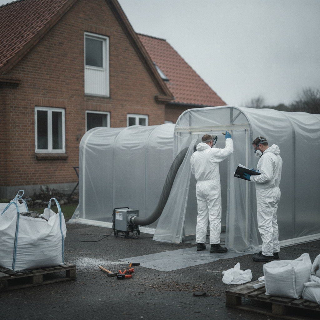 nedriver, nedrivning, sanering, asbest, arbejdsmiljø, arbejdstilsynet, tilsyn, sikkerhed, værnemidler, afskærmning, undertryk, sluse, dekontaminering, dokumentation, apv, arbejdsplan, byggeplads, udendørs, parcelhus, mursten, plastafdækning, renovering, hus, bolig, håndværker