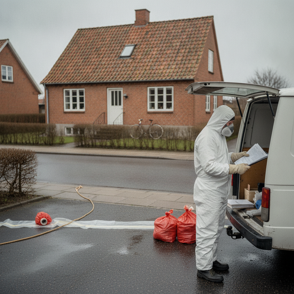 nedriver, asbest, asbestsanering, autorisation, dokumentation, bygherre, kontrol, arbejdsmiljø, sikkerhed, værnemidler, udendørs, parcelhus, dansk villavej, mursten, tegltag, byggeplads, renovering, affaldshåndtering, afskærmning, risikovurdering, myndigheder, hus, bolig, håndværker
