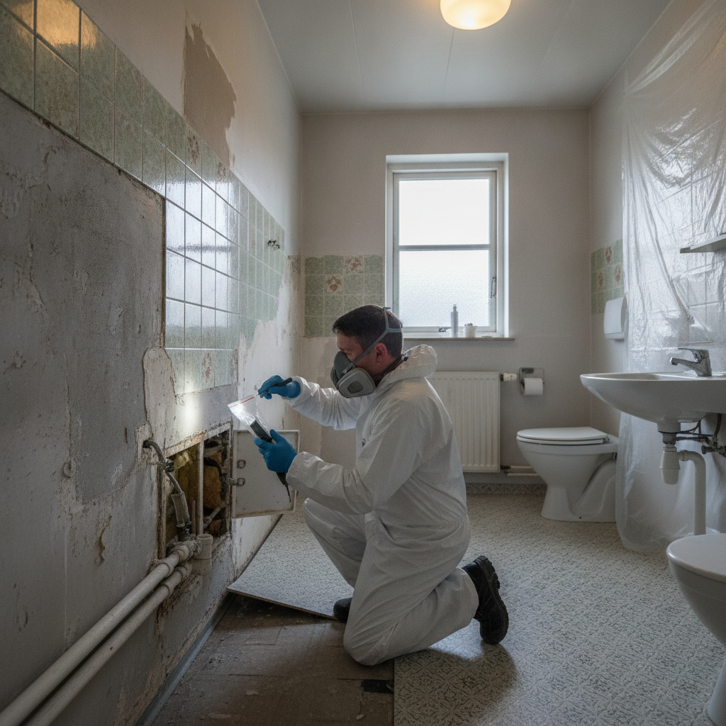 miljøkonsulent, asbest, asbestforundersøgelse, miljøscreening, prøvetagning, laboratorieanalyse, renovering, indendørs, badeværelse, ældre bolig, før 1990, parcelhus, fliseklæb, vinylgulv, rørisolering, loftplader, værnemidler, støv, sikkerhed, byggetjek, professionel, hus, bolig, håndværker, pris, tilbud
