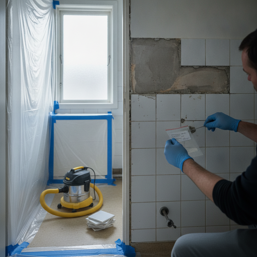 nedrivning, asbest, asbest i badeværelse, asbesttest, prøvetagning, miljøsanering, badeværelse, indendørs, renovering, delvis nedrivning, fliser, klinker, fliseklæb, fuger, spartelmasse, vinylgulv, gulvlim, rørkasse, afskærmning, hepa støvsuger, dansk hjem, pris, tilbud, hus, bolig, håndværker