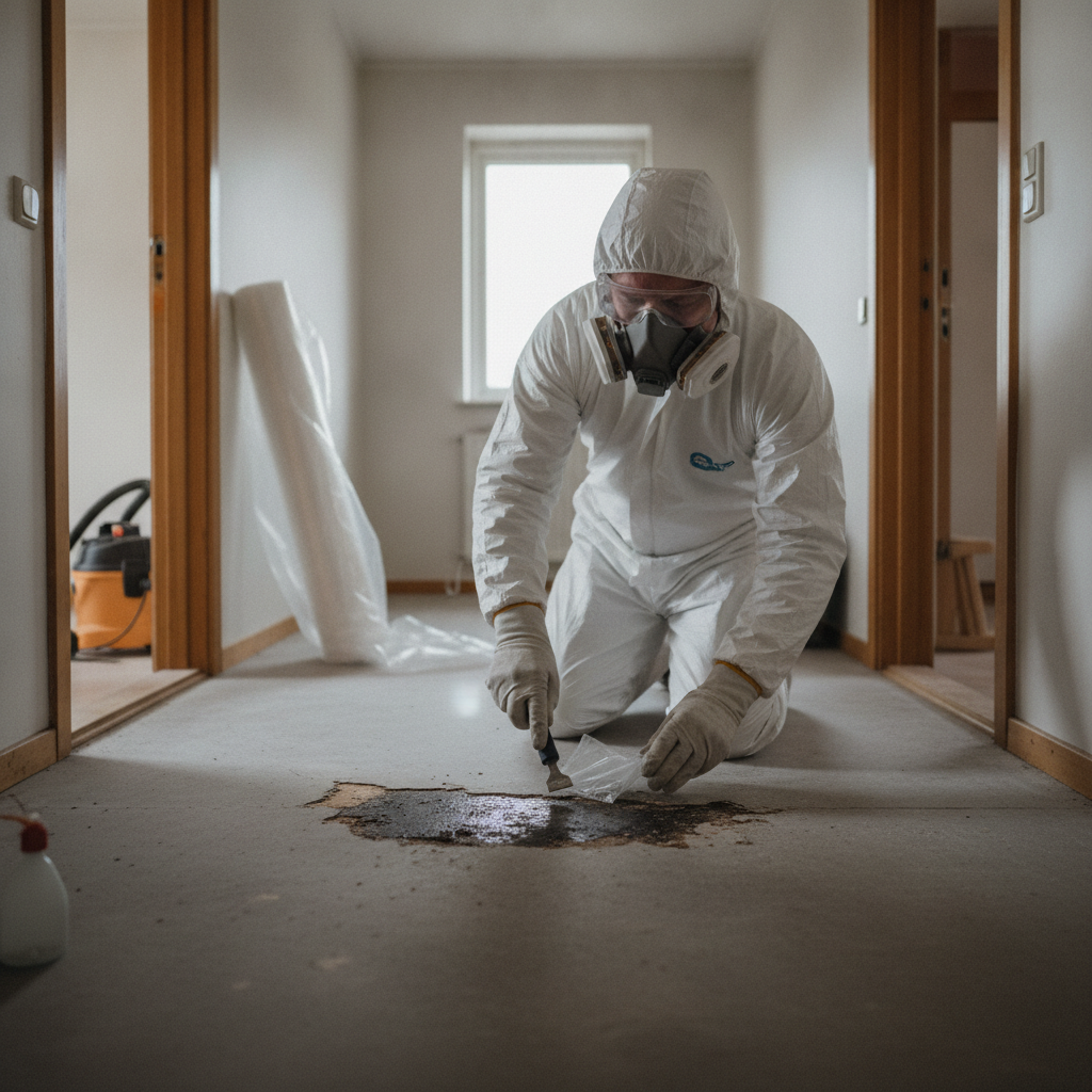 asbestsanering, miljøsanering, nedrivning, asbest i gulv, betongulv, gulvlim, bitumen, spartelmasse, fliseklæb, materialeprøve, asbesttest, laboratorieprøve, sikkerhed, værnemidler, p3 maske, afspærring, indendørs, renovering, dansk parcelhus, 1970er hus, byggeaffald, professionel, pris, tilbud, hus, bolig, håndværker