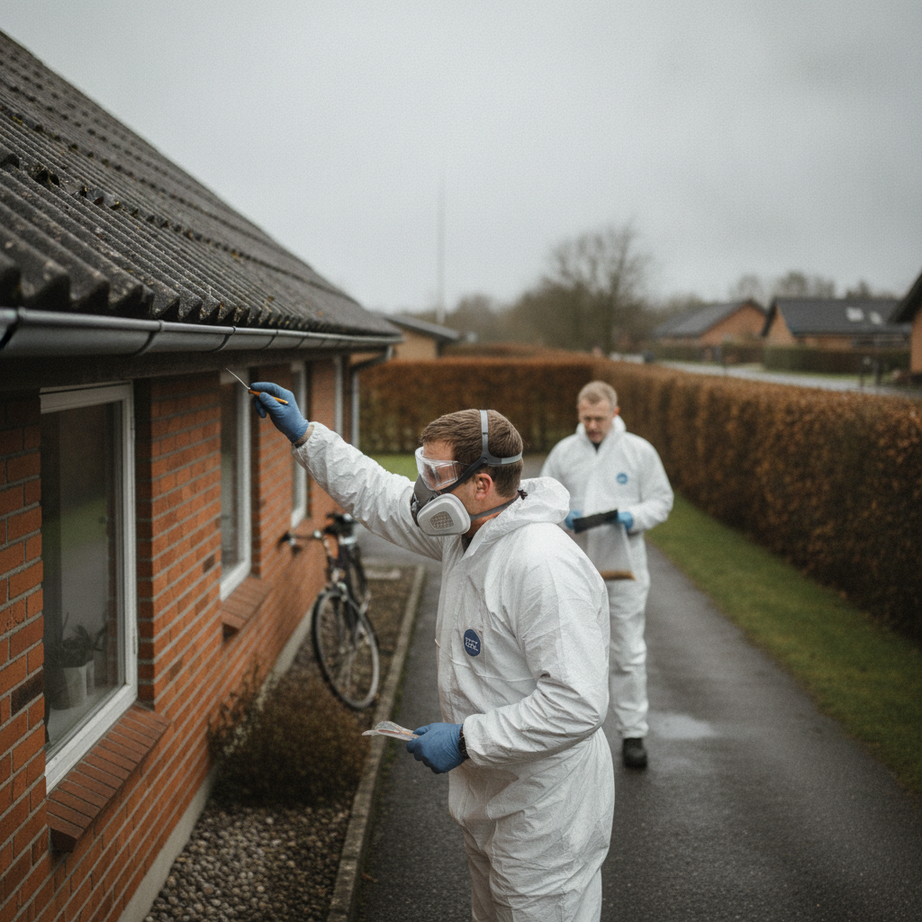 nedrivning, asbest, asbest i boligen, asbestmistanke, asbesttest, prøvetagning, sikkerhed, værnemidler, åndedrætsværn, beskyttelsesdragt, renovering, nedrivning før renovering, udendørs, parcelhus, 1970er hus, eternittag, bølgeeternit, tagplader, mursten, dansk villavej, byggeplads, hus, bolig, håndværker