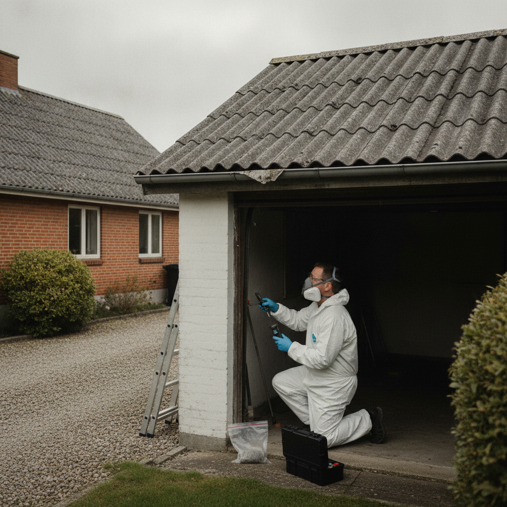 nedriver, asbest, asbesttest, materialeprøve, prøvetagning, garage, udhus, skur, udendørs, parcelhus, dansk villakvarter, bølgeeternit, fibercement, tagplader, loftsplader, vægplader, tagpap, rørisolering, værnemidler, sikkerhed, renovering, vedligeholdelse, hus, bolig, håndværker