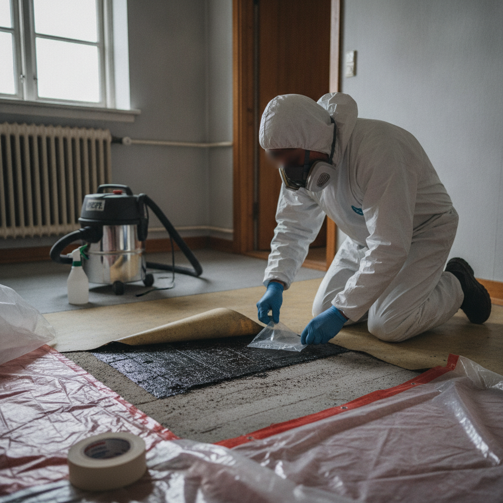 asbestsanering, miljøsanering, nedrivning, gulv, asbest i gulve, vinylgulv, pvc-gulv, gulvlim, sort lim, bitumen, spartelmasse, materialeprøve, asbesttest, prøvetagning, sikkerhed, værnemidler, støvkontrol, hepa-støvsuger, indendørs, renovering, parcelhus, affaldshåndtering, pris, tilbud, hus, bolig, håndværker