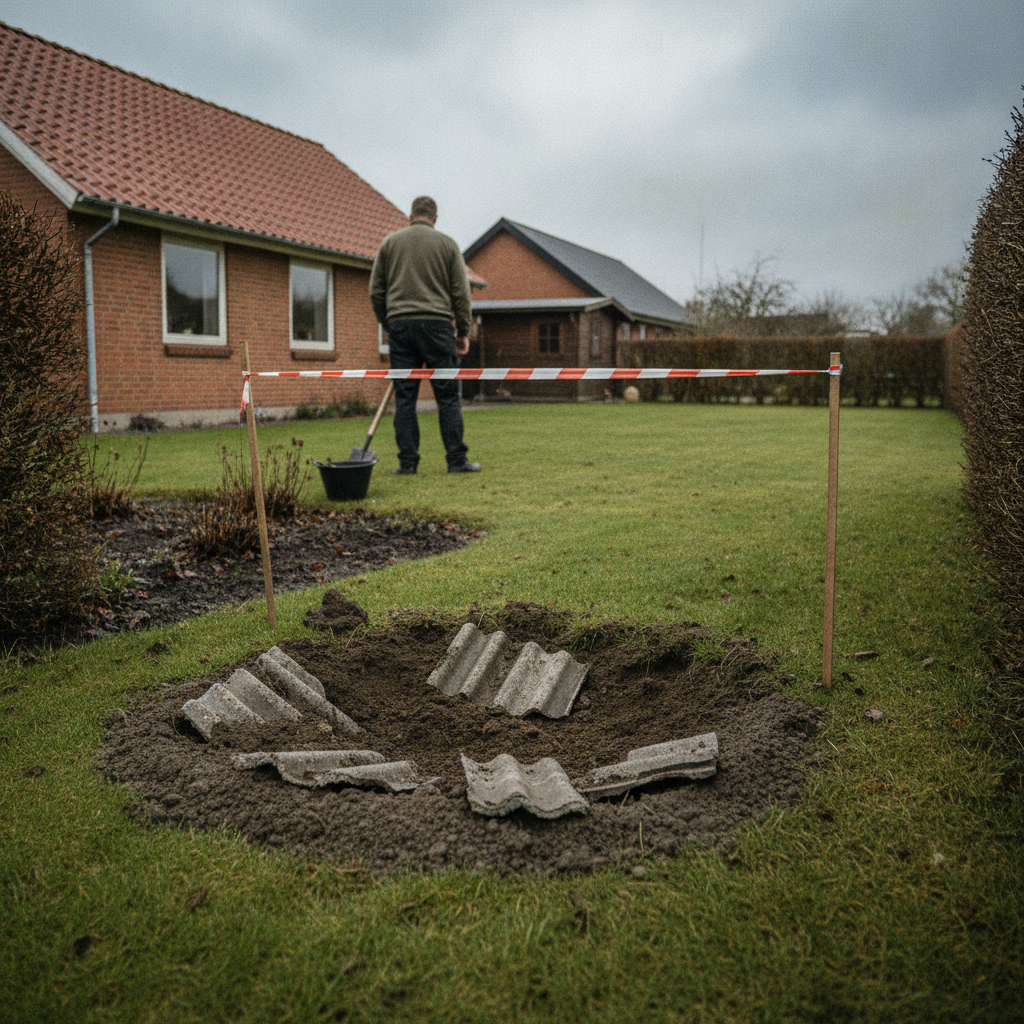 miljøsanering, asbest, asbest i haven, asbestcement, eternit, bølgeeternit, jordforurening, forurenet jord, jordprøver, prøvetagning, sikkerhed, afspærring, udendørs, have, parcelhus, mursten, tagsten, byggeaffald, oprydning, renovering, professionel vurdering, hus, bolig, håndværker
