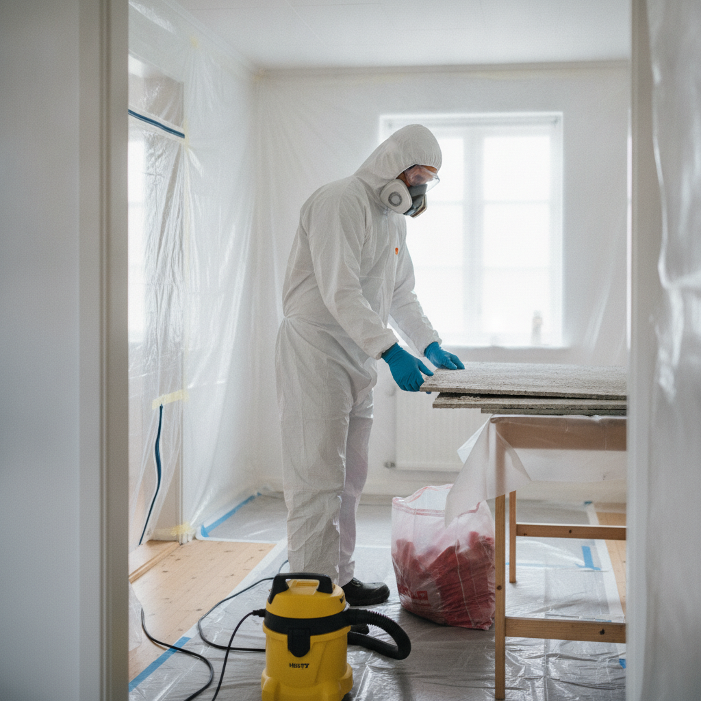 asbestsanering, åndedrætsværn, p3 filter, ffp3 maske, turbomaske, luftforsynet værn, værnemidler, beskyttelsesdragt, engangsdragt, handsker, sikkerhed, arbejdsmiljø, indendørs, renovering, afskærmning, plastafdækning, hepa støvsuger, nedrivning, parcelhus, dansk bolig, asbeststøv, pris, tilbud, hus, bolig, håndværker