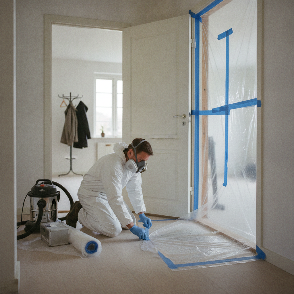 asbestsanering, asbest, asbeststøv, luftmåling, indeklima, miljøsanering, nedrivning, renovering, indendørs, parcelhus, ældre hus, afskærmning, plastafdækning, hepa støvsuger, åndedrætsværn, beskyttelsesdragt, sikkerhed, byggestøv, arbejdsmiljø, professionel, bolig, hus, håndværker