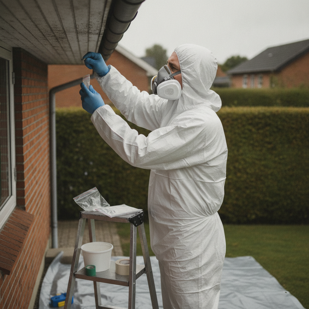 nedriver, asbesttest, testkit, prøvetagning, sikkerhed, værnemidler, p3 åndedrætsværn, engangsdragt, handsker, støvkontrol, materialeprøve, eternit, fibercement, tagudhæng, udendørs, parcelhus, mursten, 1970er hus, renovering, vedligeholdelse, dansk forstad, risiko, hus, bolig, håndværker, pris, tilbud