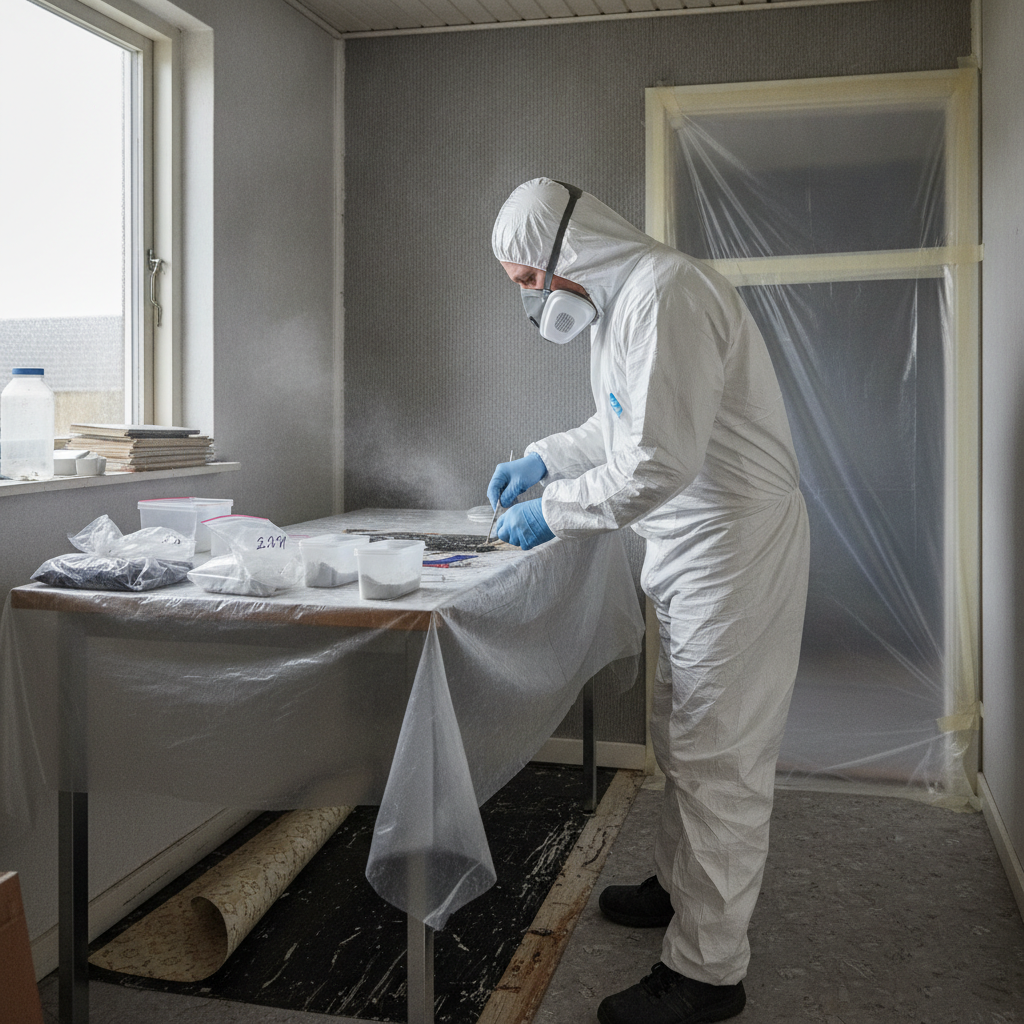 nedriver, asbesttest, asbestprøve, prøvetagning, miljøscreening, sikkerhed, p3-åndedrætsværn, engangsdragt, nitrilhandsker, indendørs, renovering, ældre hus, parcelhus, 70erhus, byggematerialer, eternit, vinylgulv, gulvlim, rørisolering, støvkontrol, laboratorieanalyse, professionel, pris, tilbud, hus, bolig, håndværker
