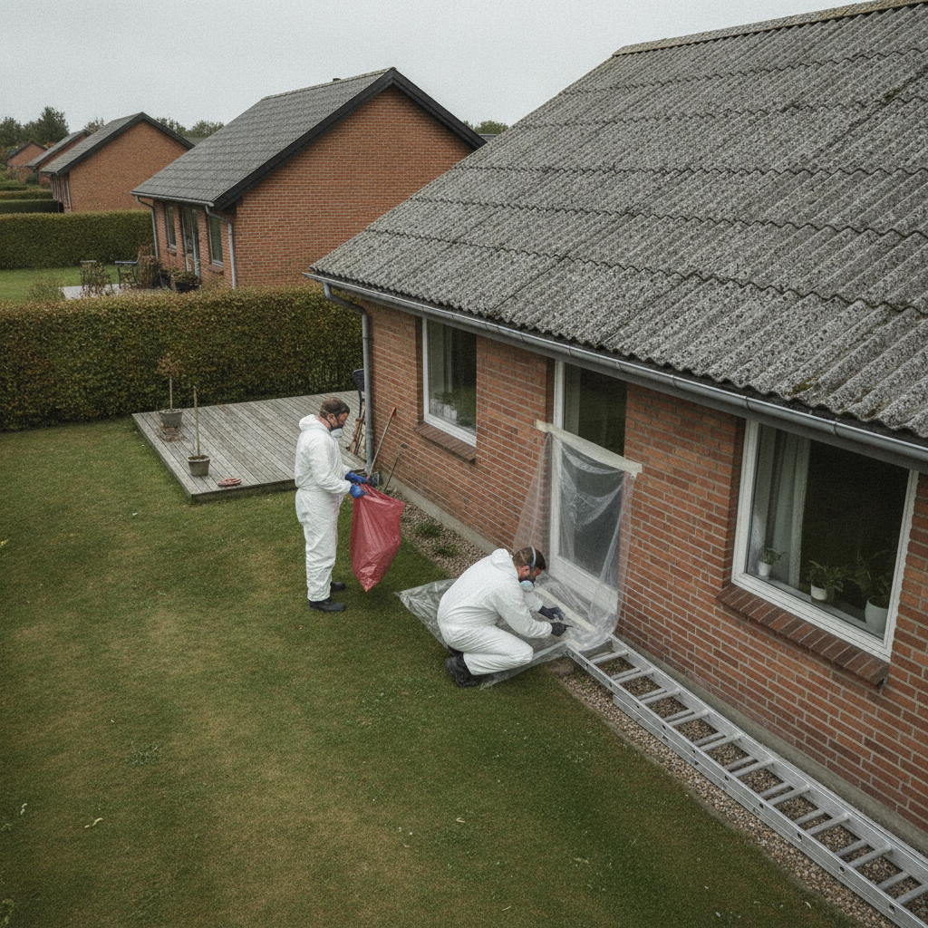 nedriver, asbest, asbestsanering, autorisation, regler, sikkerhed, værnemidler, åndedrætsværn, afdækning, affaldshåndtering, udendørs, parcelhus, eternit, tagplader, tag, byggeplads, renovering, professionel, risikovurdering, arbejdsmiljø, hus, bolig, håndværker