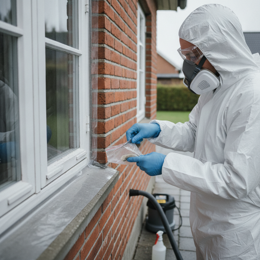 nedriver, asbest, asbesttest, prøvetagning, vinduesudskiftning, karmfuge, vindueskit, fuger, murfals, fibercement, facade, udendørs, murermestervilla, parcelhus, mursten, vinduesramme, beskyttelsesudstyr, åndedrætsværn, renovering, sikkerhed, byggeri, pris, tilbud, hus, bolig, håndværker