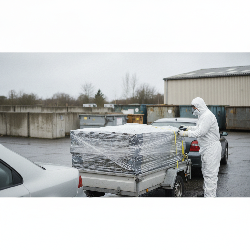 nedrivning, asbestaffald, deponi, modtagelse, emballering, dokumentation, transport, aflevering, udendørs, genbrugsplads, miljøanlæg, eternitplader, tagplader, plastindpakning, støvtæt, trailer, affaldssortering, sikkerhed, ppe, sanering, byggeaffald, renovering, hus, bolig, håndværker