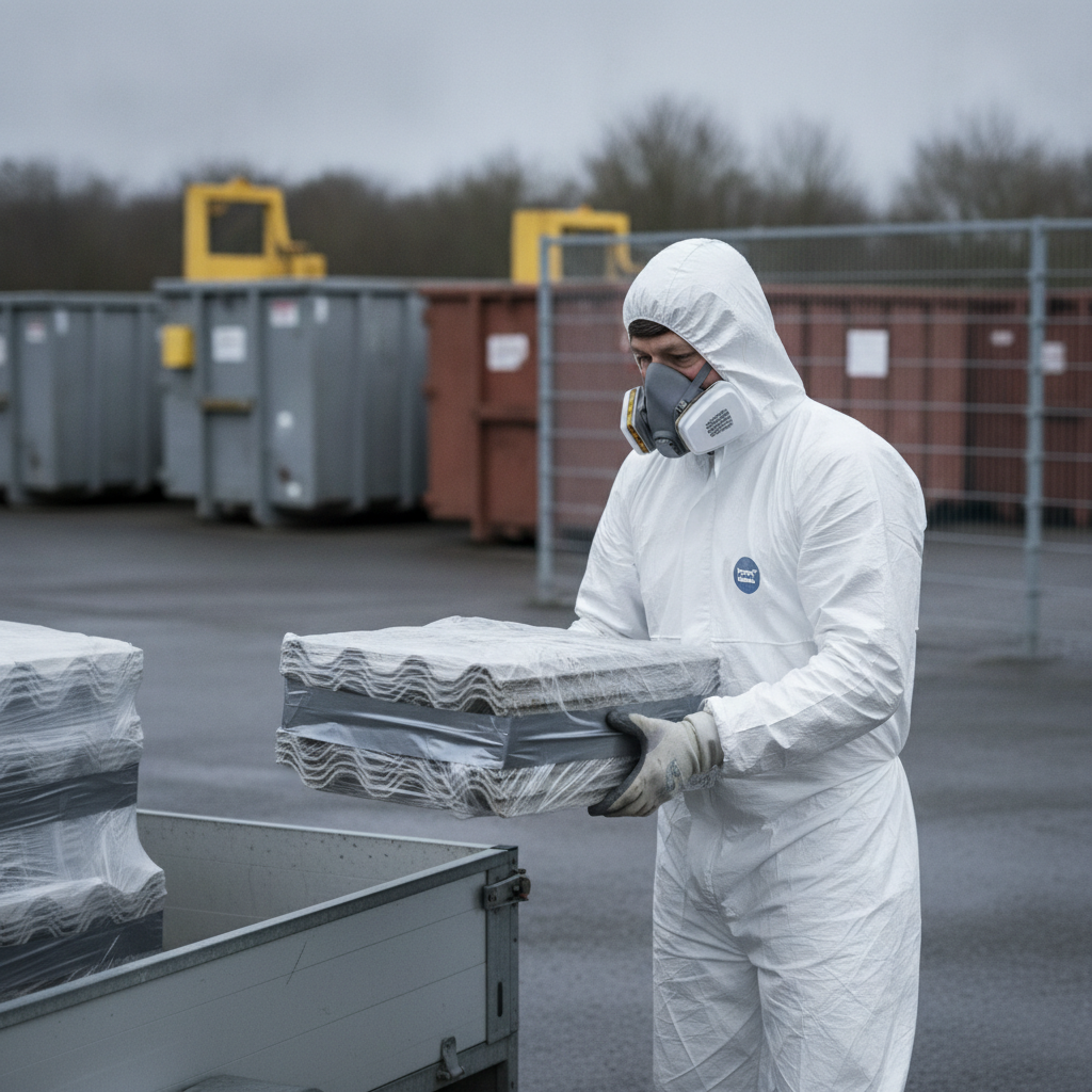 nedrivning, asbestaffald, genbrugsplads, aflevering, emballering, dobbeltemballering, farligt affald, eternitplader, tagplader, plastikfolie, tape, trailer, udendørs, sikkerhed, værnemidler, p3 maske, engangsdragt, kommunale regler, affaldshåndtering, byggeaffald, transport, dokumentation, hus, bolig, håndværker