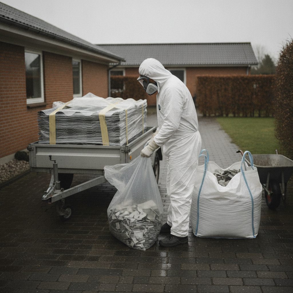 nedriver, asbestaffald, asbestposer, emballering, bigbag, farligt affald, miljøsanering, udendørs, parcelhus, indkørsel, trailer, eternitplader, fibercement, plastindpakning, tape, værnemidler, respirator, sikkerhed, renovering, transport til genbrugsplads, professionel, dansk bolig, hus, bolig, håndværker