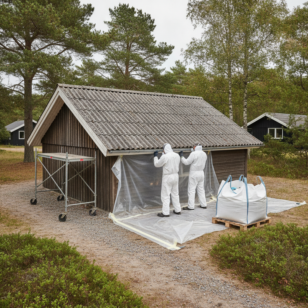 nedrivning, asbestsanering, asbesttag, tagfjernelse, udendørs, sommerhus, kolonihavehus, bølgeeternit, fibercement, tagplader, stillads, værnemidler, sikkerhed, affaldshåndtering, bortskaffelse, renovering, byggeplads, adgangsforhold, professionel, dansk sommerhusområde, skov, overskyet vejr, hus, bolig, håndværker, pris, tilbud