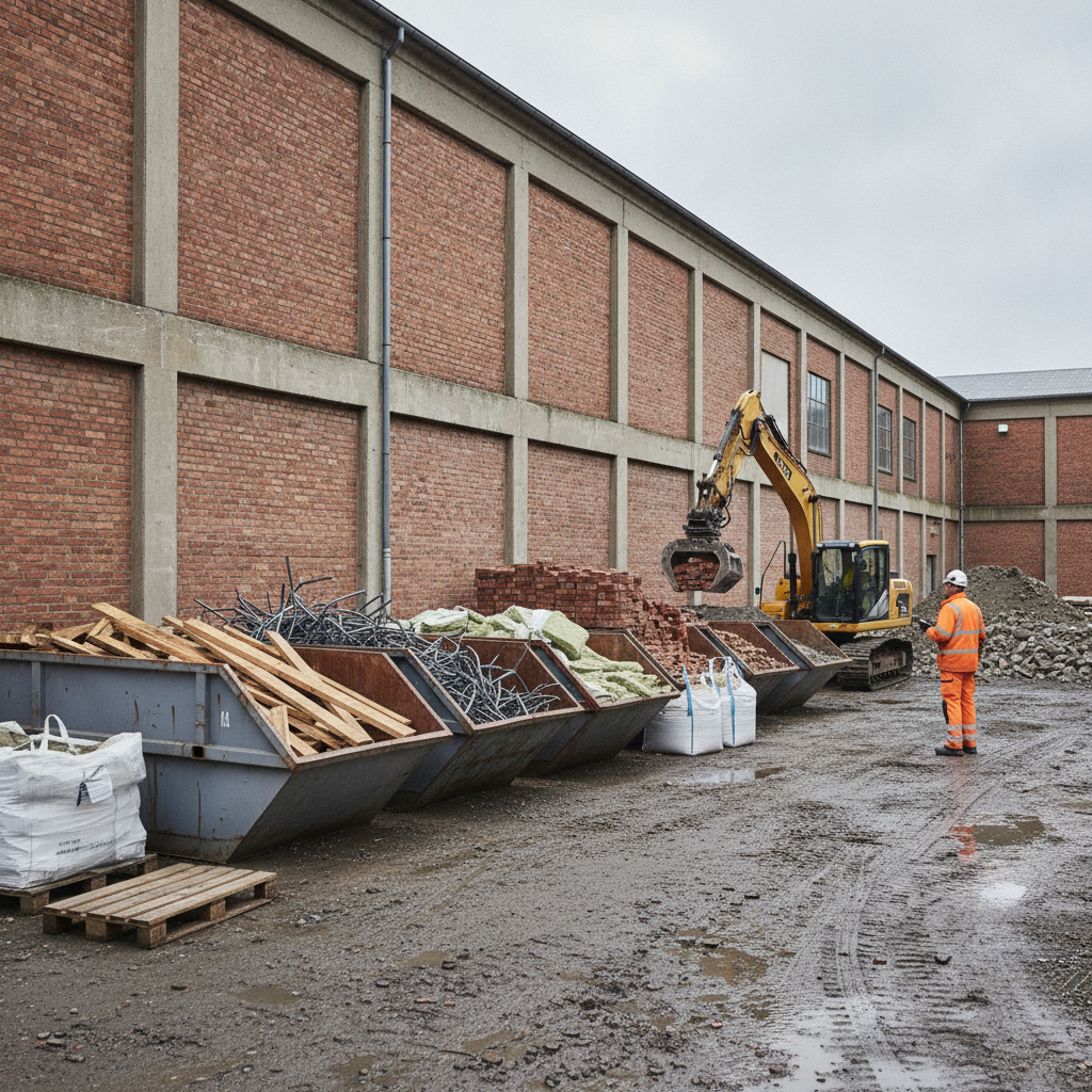 nedrivning, selektiv nedrivning, nedbryder, entreprenør, byggeplads, udendørs, sortering, affaldssortering, byggeaffald, containere, ressourcekortlægning, miljøscreening, dokumentation, kls, autorisation, genbrug, genanvendelse, beton, tegl, træ, metal, dansk byggeri, hus, bolig, håndværker