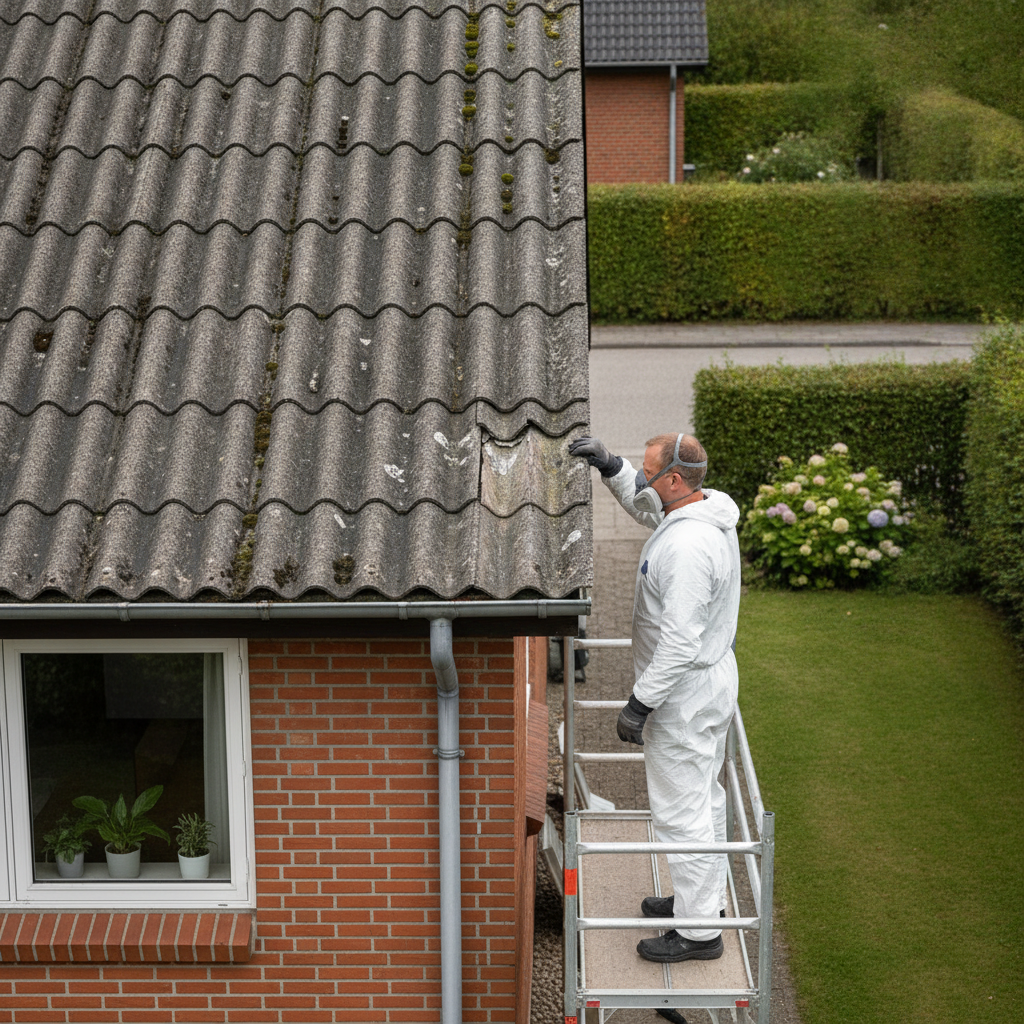 tagdækker, eternittag, bølgeplader, b6 tagplader, b9 tagplader, asbest, asbestrisiko, taginspektion, udendørs, parcelhus, dansk forstad, fibercement, gråt tag, revnet tagplade, værnemidler, sikkerhed, stillads, tagrenovering, tagudskiftning, asbestsanering, vedligeholdelse, professionel, hus, bolig, håndværker