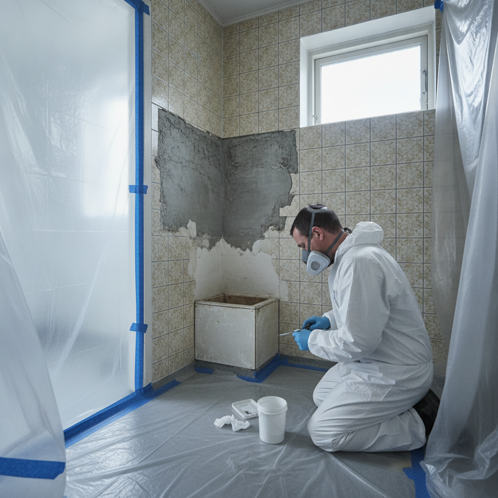 nedrivning, miljøscreening, prøvetagning, asbest, pcb, tungmetaller, badeværelsesrenovering, ældre badeværelse, indendørs, villa, parcelhus, fliser, fliseklæb, puds, fuger, rørisolering, afskærmning, plastikafdækning, støvkontrol, sikkerhed, sanering, renovering, hus, bolig, håndværker, pris, tilbud
