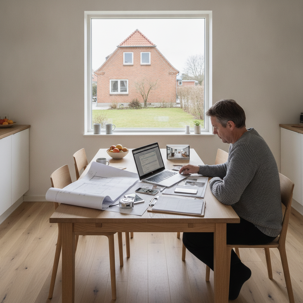 boligejer, bbr, ret bbr, bbr-meddelelse, registrering, dokumentation, byggesag, kommune, renovering, nedrivning, tilbygning, opmåling, plantegning, målebånd, papirarbejde, selvbetjening, dansk hjem, indendørs, parcelhus, nordisk lys, hus, bolig, håndværker