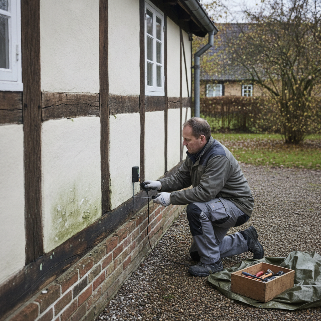 tømrer, bygningssagkyndig, bindingsværk, fugt, råd, svamp, fugtmåling, tilstandsrapport, bevaring, restaurering, renovering, udendørs, ældre hus, bevaringsværdigt, facade, træværk, kalkpuds, sokkel, tagrende, nedløbsrør, dansk landhus, hus, bolig, håndværker