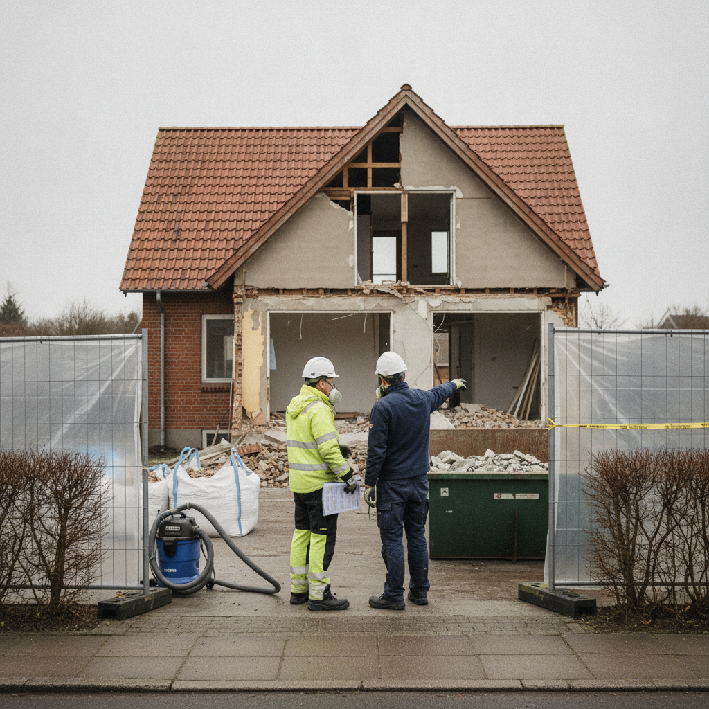 nedrivningsentreprenør, nedrivning, bygherreansvar, arbejdsmiljø, pss, koordinator, dokumentation, tilsyn, arbejdssikkerhed, støv, asbest, afskærmning, værnemidler, byggeplads, udendørs, parcelhus, mursten, tagsten, affaldssortering, renovering, sikkerhedsplan, hus, bolig, håndværker, bøde