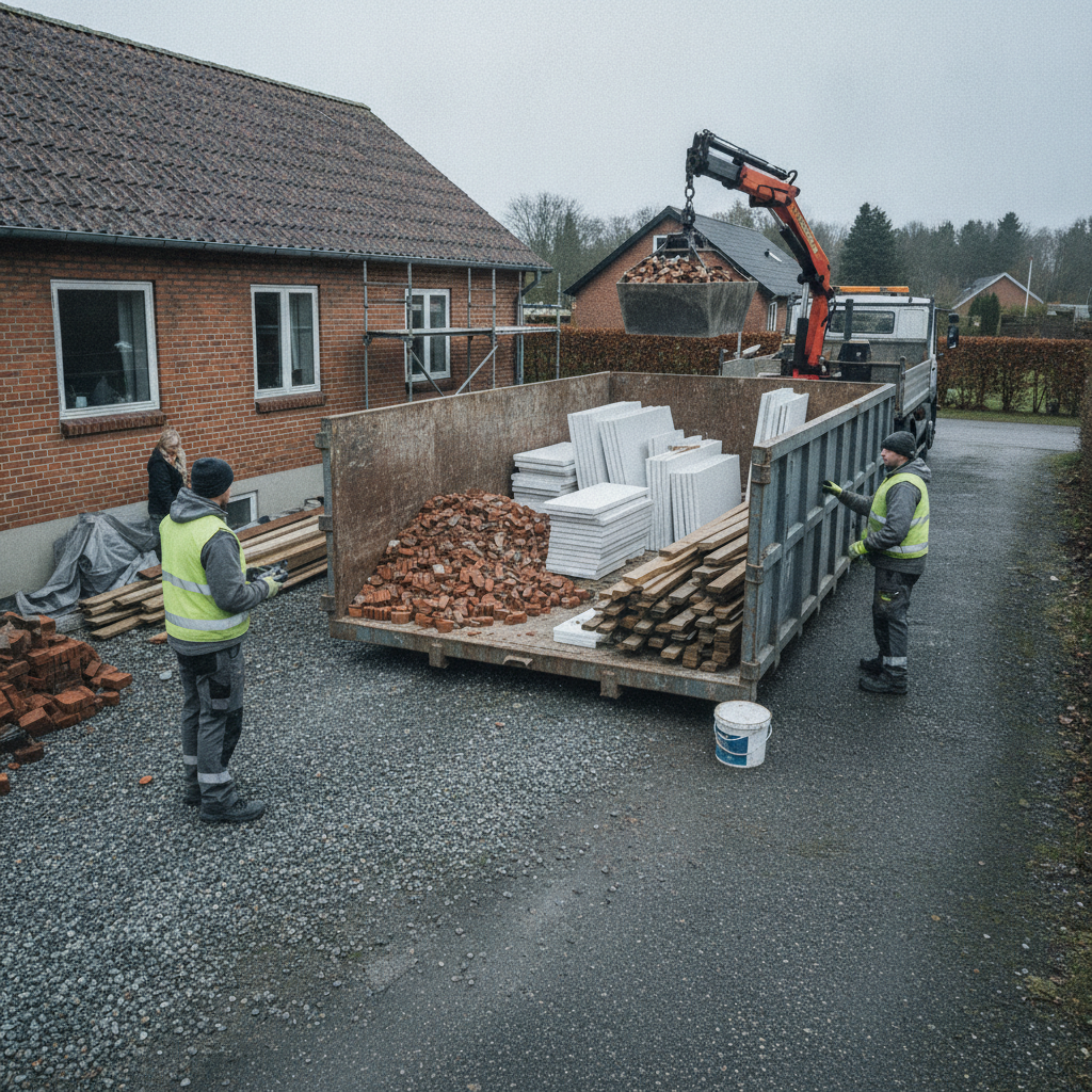 nedriver, bortkørsel af byggeaffald, byggeaffald, container, grab, affaldshåndtering, sortering, regler, pris, tilbud, udendørs, byggeplads, renovering, parcelhus, indkørsel, adgangsforhold, murbrokker, beton, tegl, gips, træaffald, genbrugsstation, transport, hus, bolig, håndværker