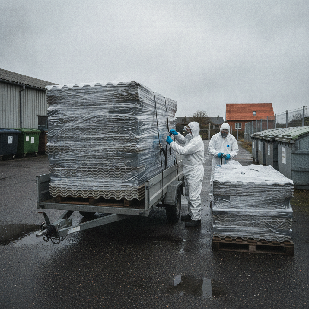 nedriver, asbest, bortskaffelse af asbesttagplader, asbestaffald, emballering, plastindpakning, bigbag, transport, trailer, genbrugsplads, miljøanlæg, udendørs, sikkerhed, værnemidler, p3 maske, støvforebyggelse, eternitplader, tagplader, affaldshåndtering, renovering, dansk forstad, hus, bolig, håndværker, pris, tilbud