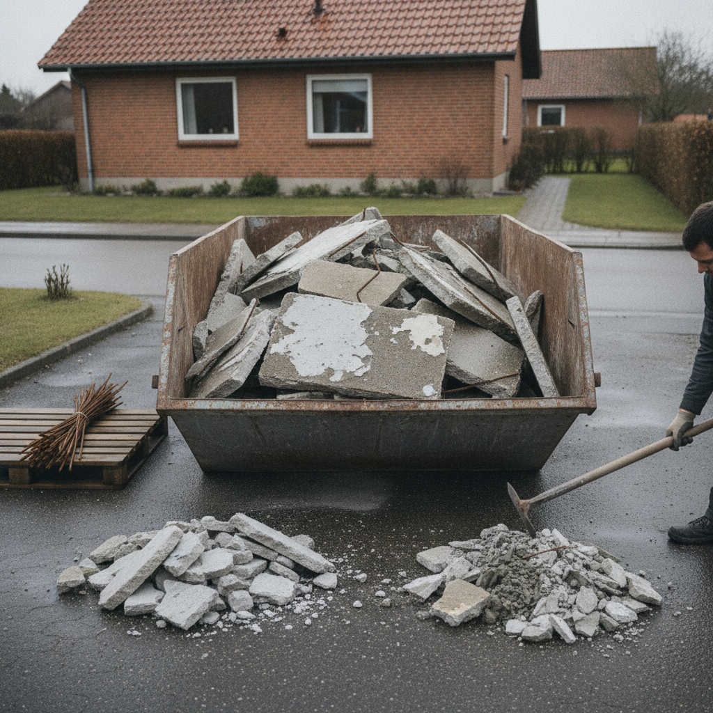 nedrivning, betonaffald, bortskaffelse af beton, sortering, affaldssortering, udendørs, byggeplads, renovering, parcelhus, container, byggeaffald, armeringsjern, genanvendelse, deponi, miljøscreening, pcb, tungmetaller, dokumentation, vejeseddel, pris, tilbud, hus, bolig, håndværker
