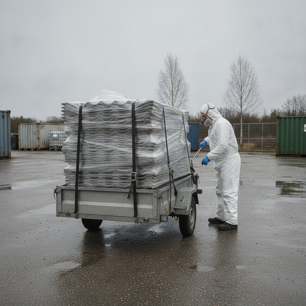 nedriver, asbest, eternitplader, bortskaffelse, affaldshåndtering, genbrugsplads, deponi, bigbag, trailer, transport, emballering, plast, tape, sikkerhed, værnemidler, regler, pris, tilbud, udendørs, parcelhus, renovering, byggeaffald, hus, bolig, håndværker