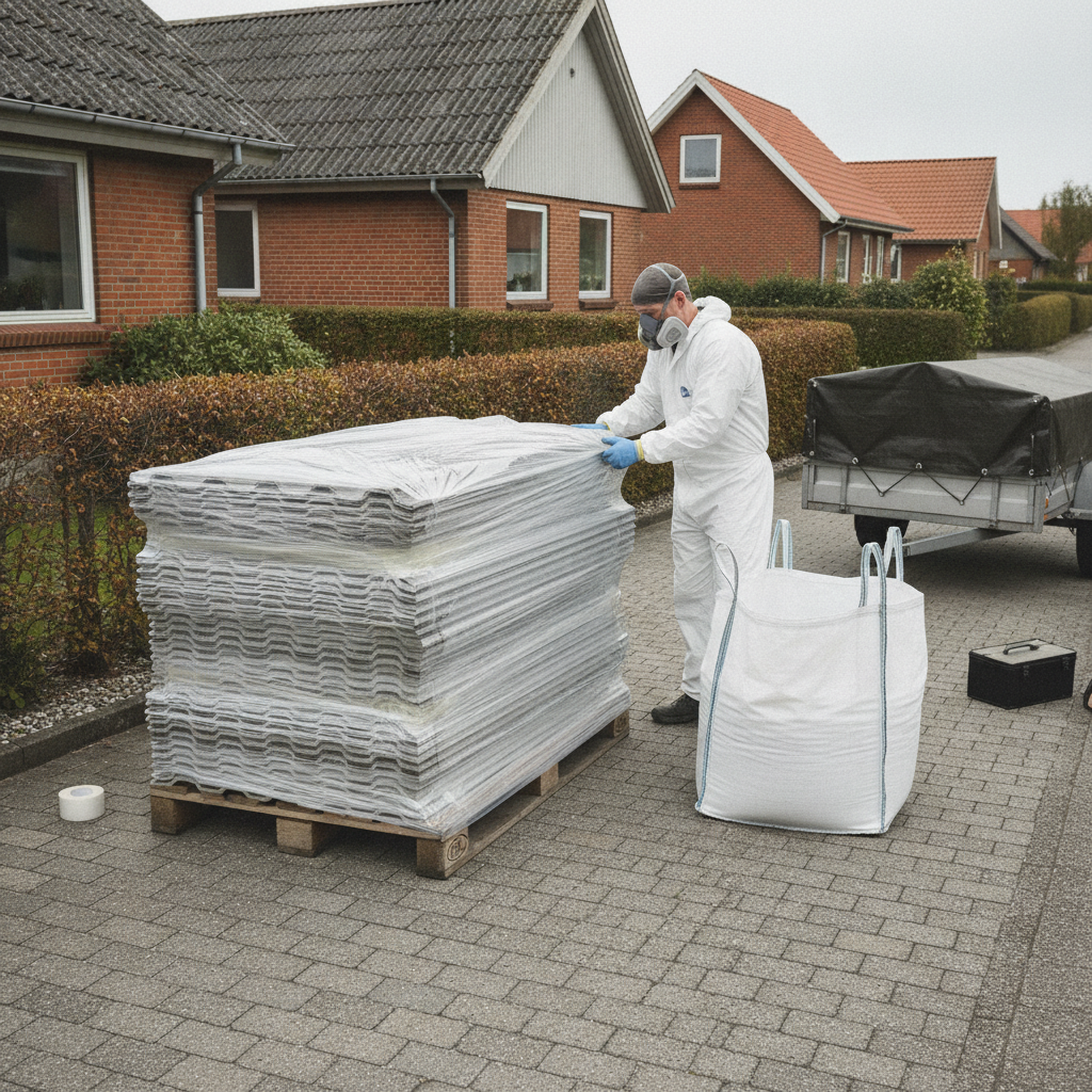nedriver, asbest, eternitplader, bortskaffelse, emballering, farligt affald, genbrugsplads, aflevering, bigbag, plastindpakning, trailer, udendørs, parcelhus, villavej, renovering, tag, fibercement, byggeaffald, sikkerhed, arbejdsmiljø, pris, tilbud, hus, bolig, håndværker