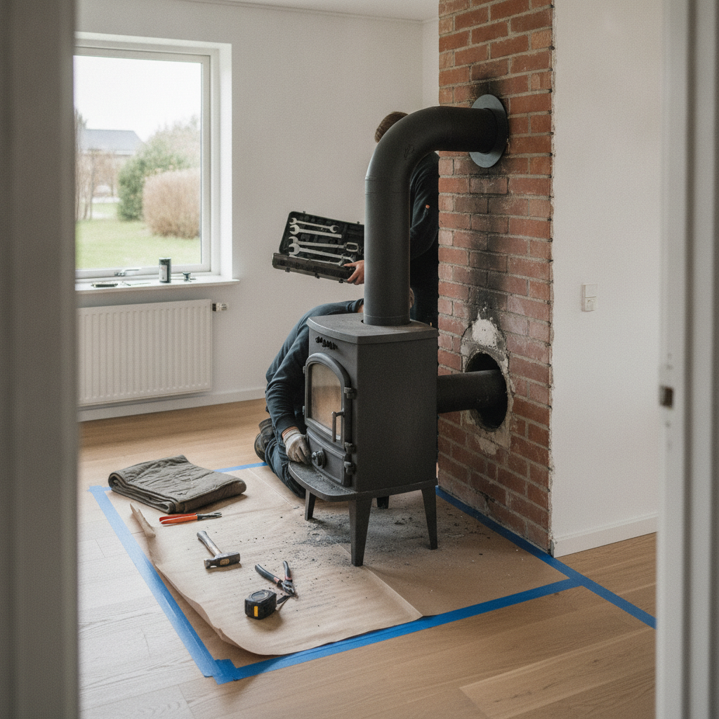 nedrivning, brændeovn, brændeovnsregler, afmontering, sløjfning, udskiftning, indendørs, stue, parcelhus, skorsten, røgrør, støbejern, mursten, afdækning, renovering, vedligeholdelse, skorstensfejer, dokumentation, ejerskifte, bortskaffelse, pris, tilbud, hus, bolig, håndværker
