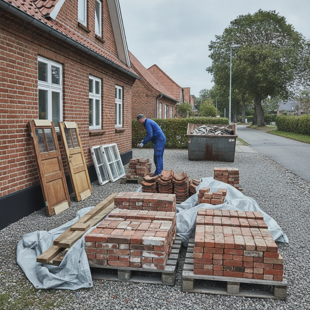 nedriver, selektiv nedrivning, brugte byggematerialer, genbrug, genanvendelse, sortering, udendørs, villa, parcelhus, mursten, tagsten, træ, døre, vinduer, paller, opbevaring tørt, renovering, byggeaffald, værdifast genbrug, dokumentation, byggeplads, hus, bolig, håndværker