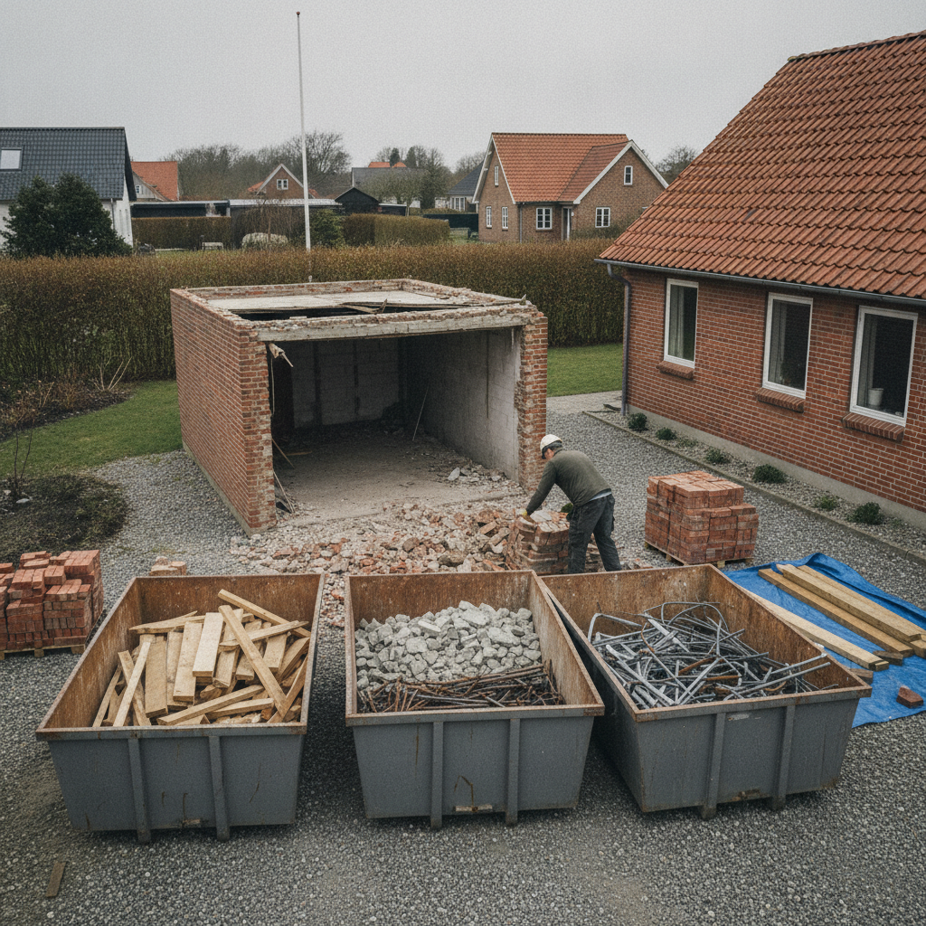 entreprenør, nedrivning, nedrivningstilladelse, byg og miljø, affaldsanmeldelse, byggeaffald, affaldssortering, selektiv nedrivning, miljøscreening, miljørapport, asbest, pcb, containere, byggeplads, udendørs, parcelhus, garage, mursten, beton, træ, bbr, færdigmelding, hus, bolig, håndværker