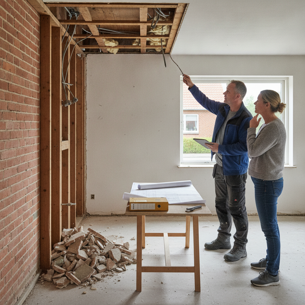 byggerådgiver, bygherrerådgivning, rådgivning, renovering, nedrivning, sanering, indendørs, villa, parcelhus, dansk hus, ældre hus, byggeplads, planlægning, byggetilsyn, tilbudsvurdering, budget, projektstyring, byggematerialer, mursten, åbnet væg, demontering, professionel, hus, bolig, håndværker, pris, tilbud