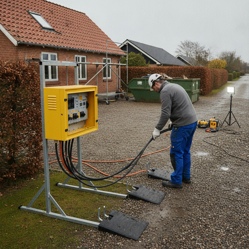 elektriker, byggestrøm, byggestrømstavle, midlertidig strøm, elinstallation, byggeplads, sikkerhed, rcd, hpfi, kabelføring, kabelbeskyttelse, udendørs, renovering, parcelhus, mursten, rødt tegltag, stillads, skurvogn, el-tavle, strømfordeling, eftersyn, pris, tilbud, hus, bolig, håndværker