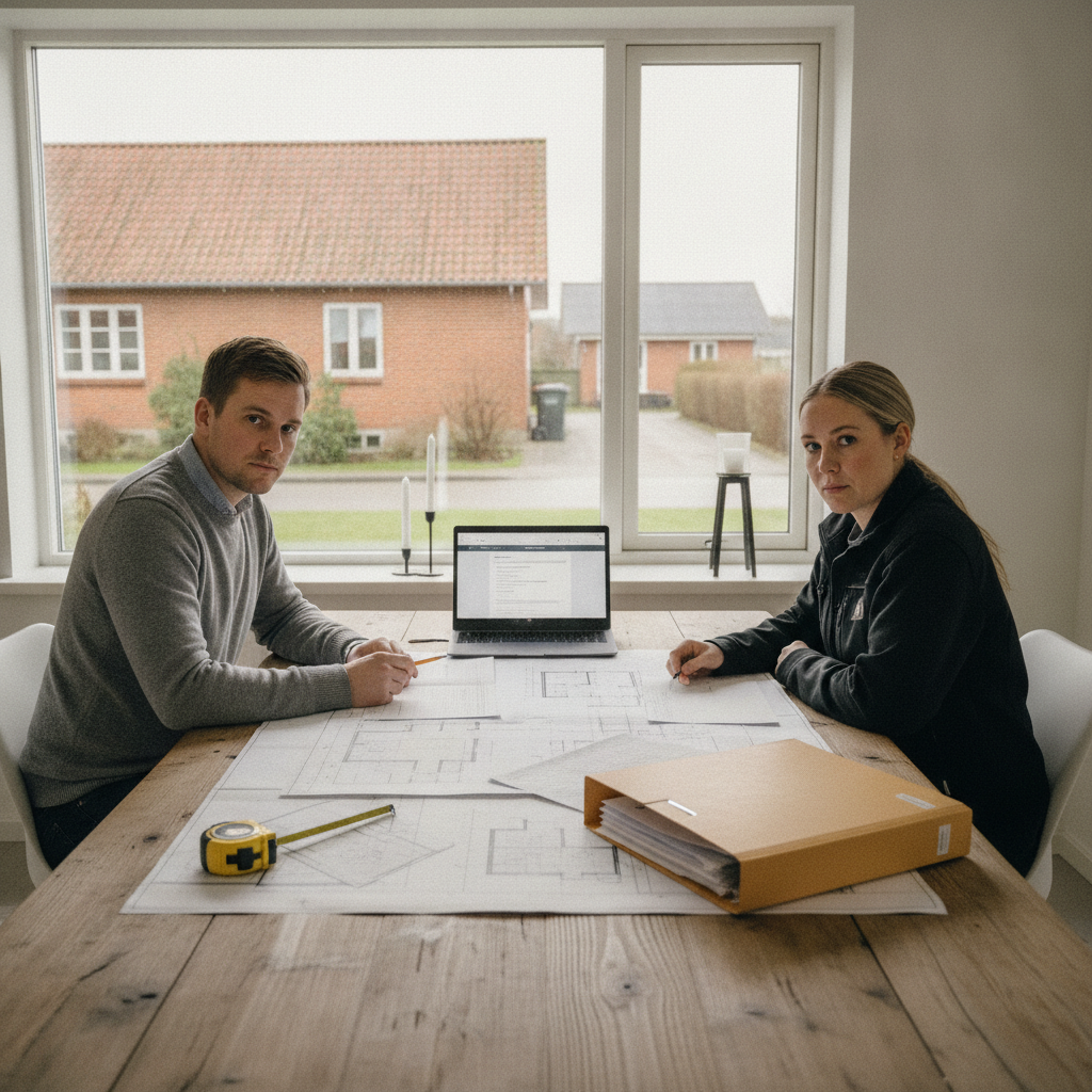 byggerådgiver, byggetilladelse, ansøgning, byg og miljø, byggesag, kommunale regler, dispensation, situationsplan, byggetegninger, plantegning, dokumentation, boligprojekt, indendørs, parcelhus, dansk hjem, bord med papirer, laptop, målebånd, planlægning, renovering, nybyg, hus, bolig, håndværker
