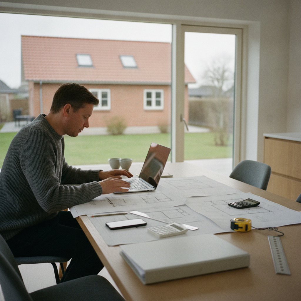 arkitekt, byggerådgiver, byggetilladelse, ansøgning, rådgivning, pris, tilbud, budget, kommunalt gebyr, byggesag, tegninger, plantegning, situationsplan, dokumentation, indendørs, køkkenalrum, parcelhus, dansk bolig, bord med papirer, laptop, planlægning, renovering, hus, bolig, håndværker
