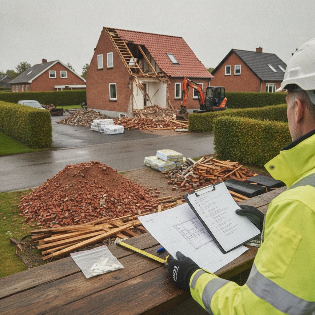 byggerådgiver, bygherrerådgivning, nedrivning, sanering, miljøscreening, selektiv nedrivning, tilsyn, byggemøde, projektstyring, dokumentation, affaldsanmeldelse, myndighedskrav, pris, honorar, tilbud, udendørs, byggeplads, parcelhus, dansk forstad, mursten, røde tagsten, nedrivningsaffald, entreprenør, hus, bolig, håndværker