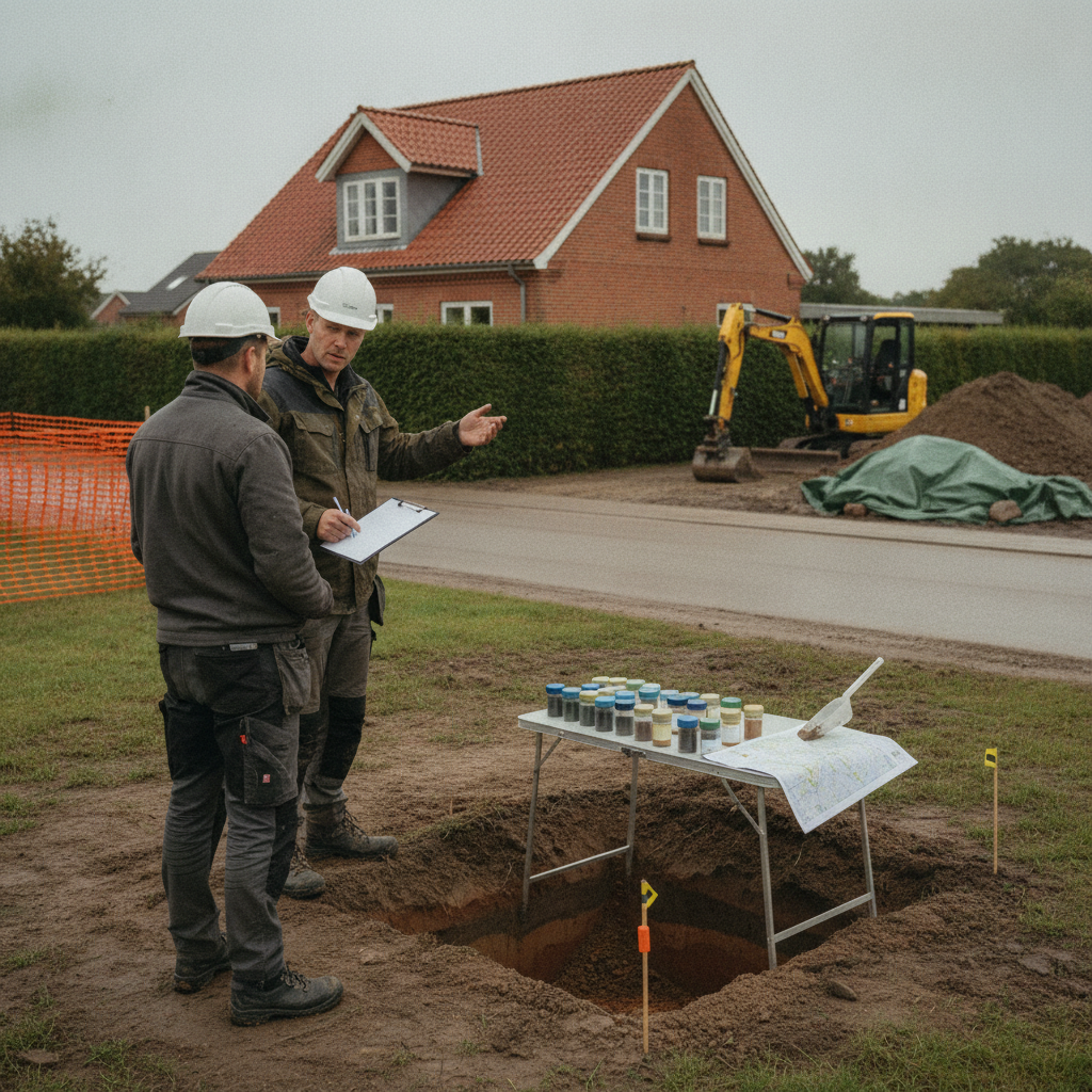 miljørådgiver, entreprenør, jordforurening, §8-tilladelse, myndighed, dokumentation, risikovurdering, jordprøver, prøvetagning, jordhåndtering, udgravning, byggeplads, udendørs, parcelhus, villagrund, mursten, gravemaskine, sikkerhed, kortlagt grund, v1, v2, sagsbehandling, pris, tilbud, hus, bolig, håndværker