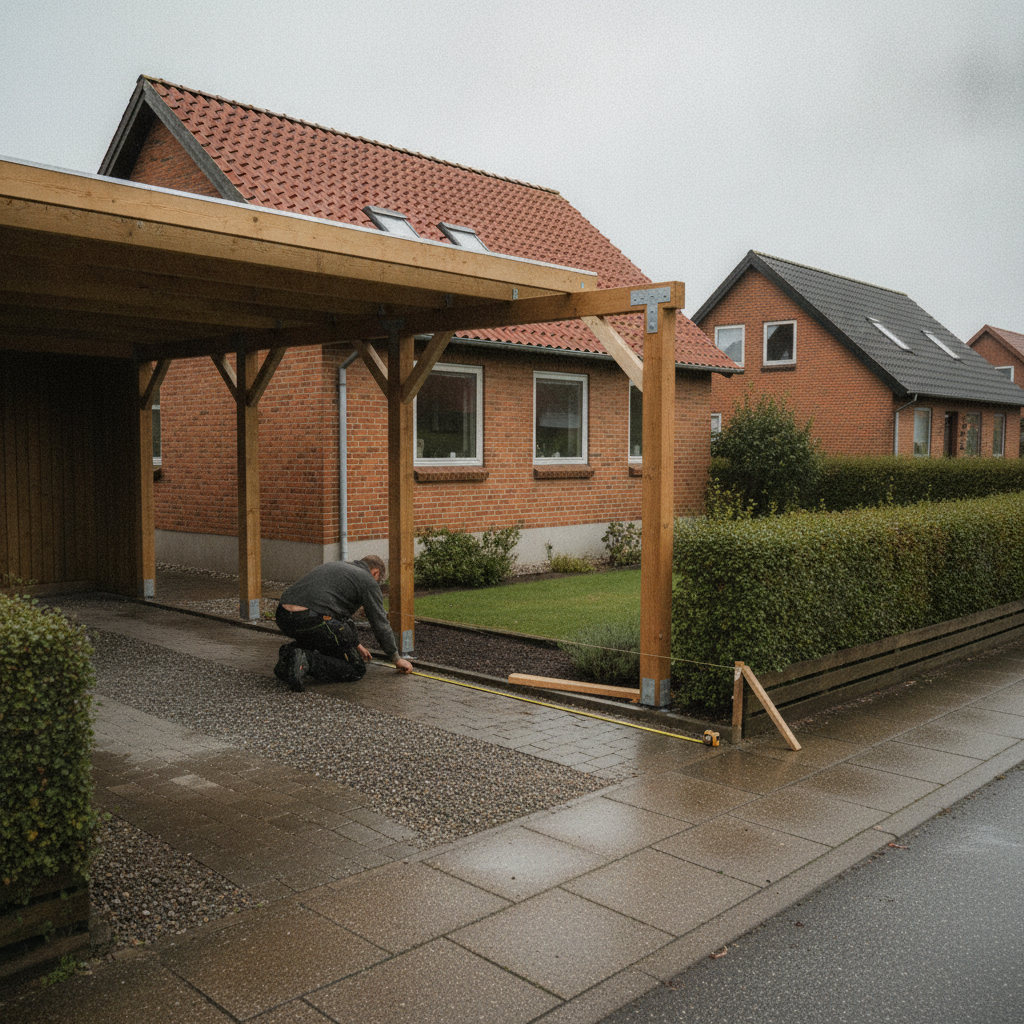 tømrer, carport, carportregler, byggetilladelse, skel, afstand til skel, opmåling, situationsplan, bbr, registrering, lokalplan, servitut, udendørs, parcelhus, dansk forstad, mursten, tegltag, træ, stolper, fundament, renovering, byggeplads, hus, bolig, håndværker